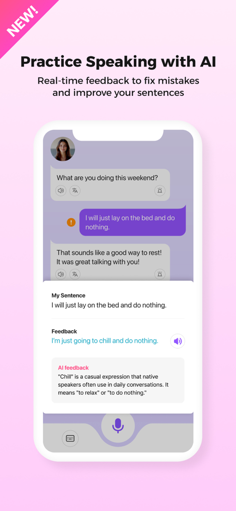 Cake - Learn English & Korean - Interface de l'application Cake montrant un retour IA en temps réel pour la pratique de l'anglais oral