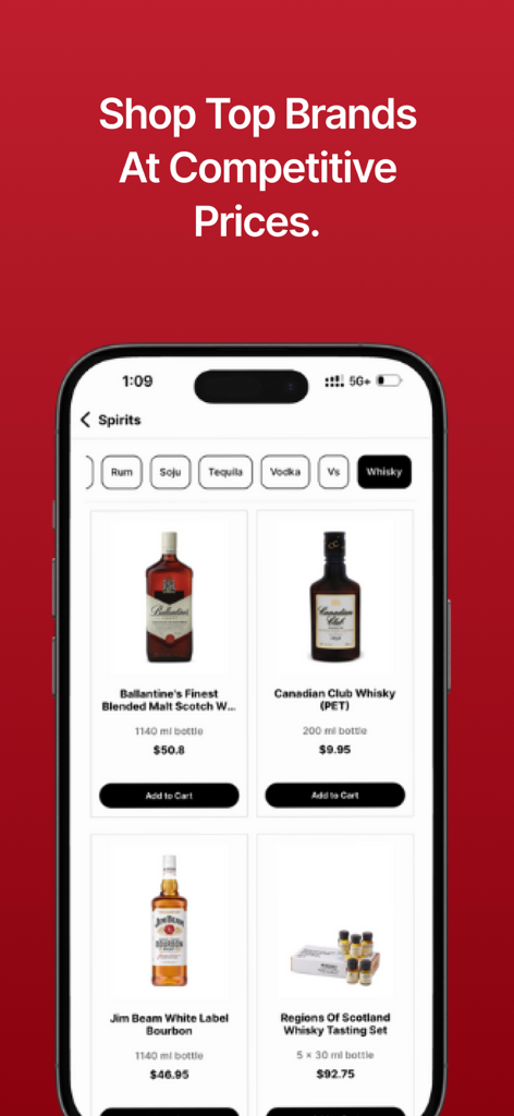 Spirits and liquor selection screen in the Dial a Bottle mobile app showing top brands and prices.