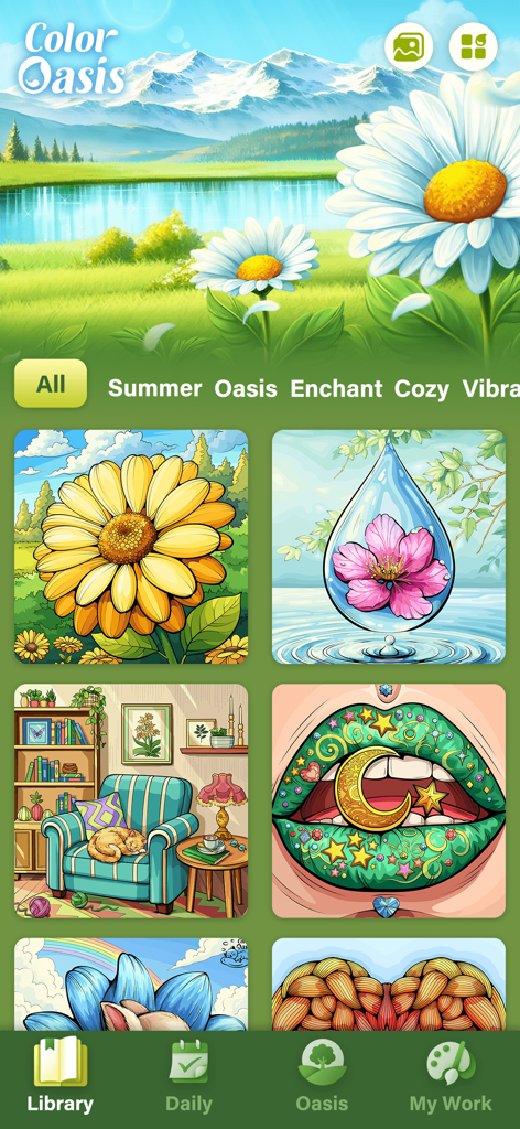 Color Oasis - Color by Number - Color Oasis app interface showing a library of realistic coloring images including flowers and cozy interiors.