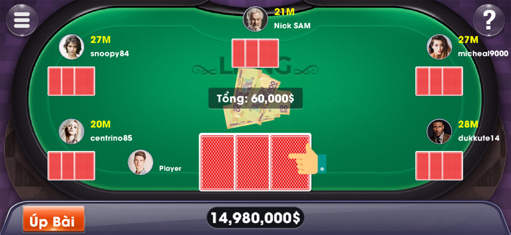 Interfaz de mesa digital del juego de cartas vietnamita Lieng Cao To mostrando jugadores y apuestas de moneda virtual.