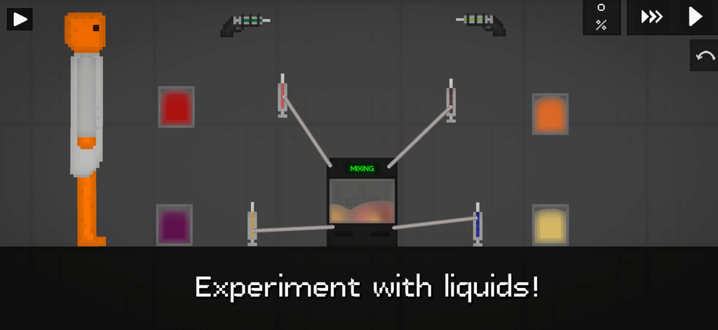 A fruit character experimenting with colorful liquids in a lab