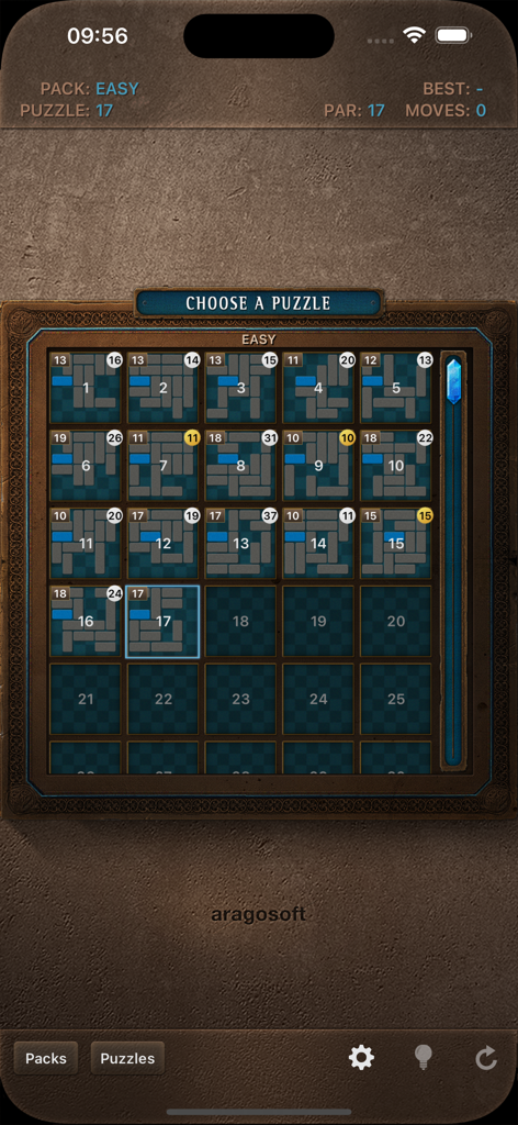 Blue Block Premium - Level selection screen showing a grid of multiple sliding block puzzles in the Easy pack of Blue Block Premium