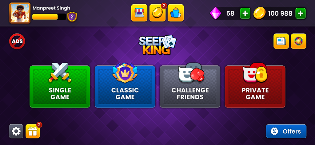 Seep King - Main menu of Seep King card game with various game modes
