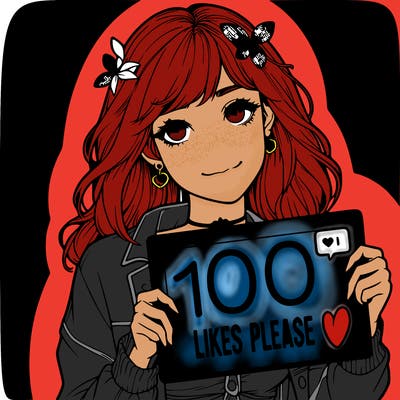 a realistic girl holding a “100 likes sign please”
