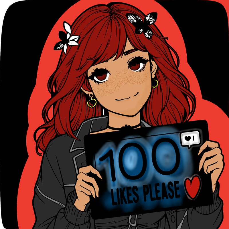 a realistic girl holding a “100 likes sign please”