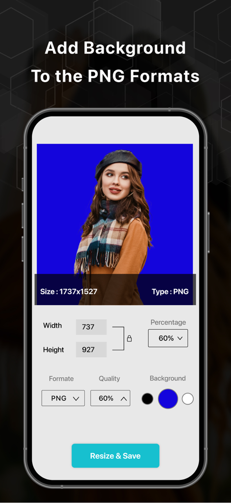 Photo Resizer & Compressor - Mobile app interface showing how to add a solid blue background to a PNG image