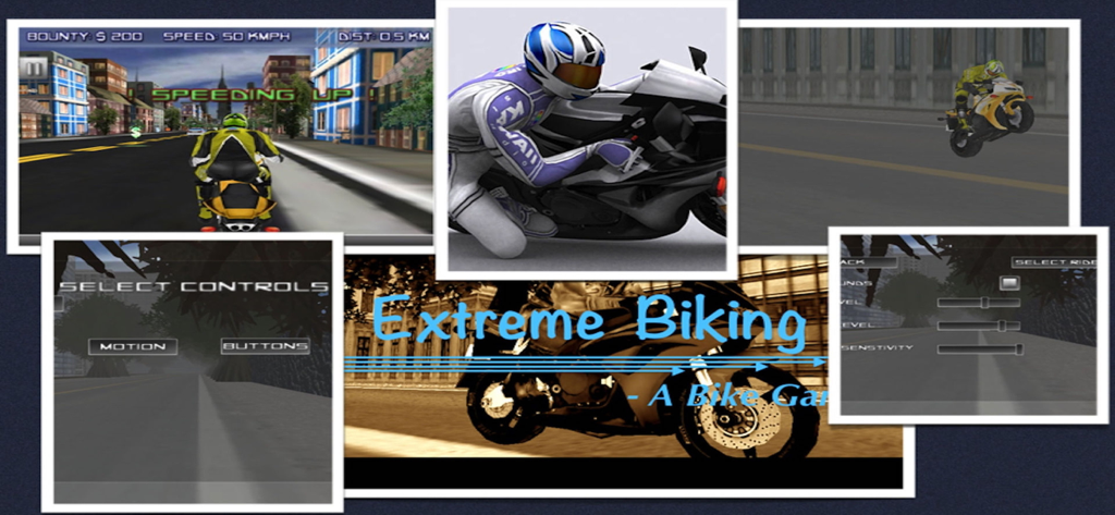 Extreme Biking 3D Racing Games - Collage of Extreme Biking 3D screenshots showing motorcycle racing gameplay, stunts, and control settings.