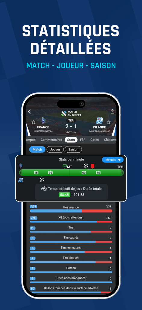 Detailed soccer match statistics including possession and expected goals on the Match en Direct app