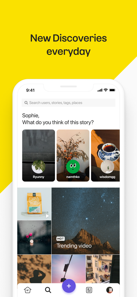 KakaoStory - KakaoStory mobile app Discover screen featuring trending stories and user posts.