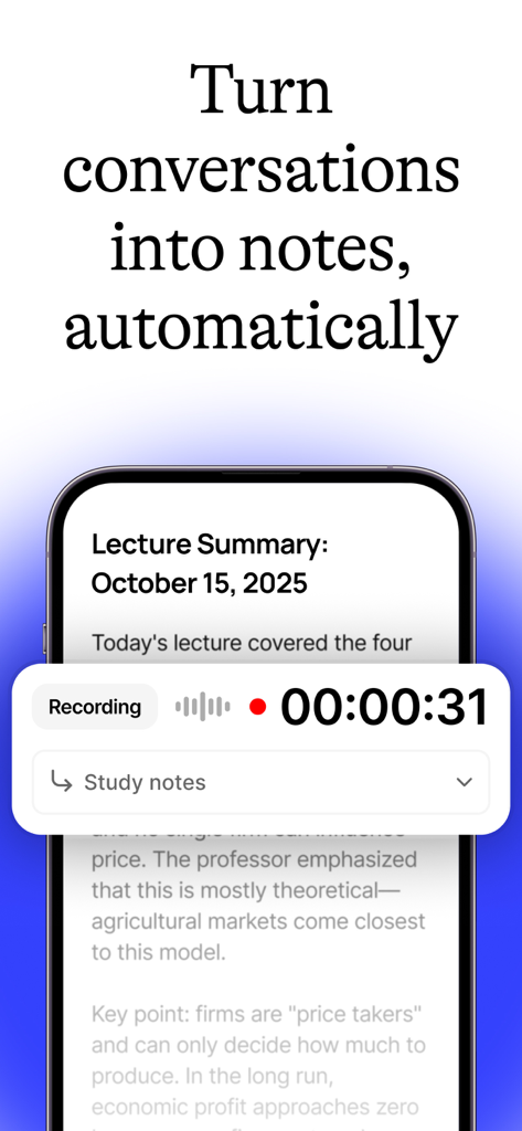 Fabric: AI Notes, Files, Ideas - Smartphone screen showing Fabric app turning a voice recording into a lecture summary