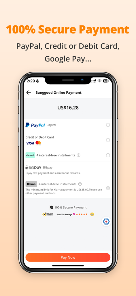 Banggood Global Online Shop - Banggood mobile app checkout screen showing secure payment options like PayPal credit cards Klarna and Afterpay