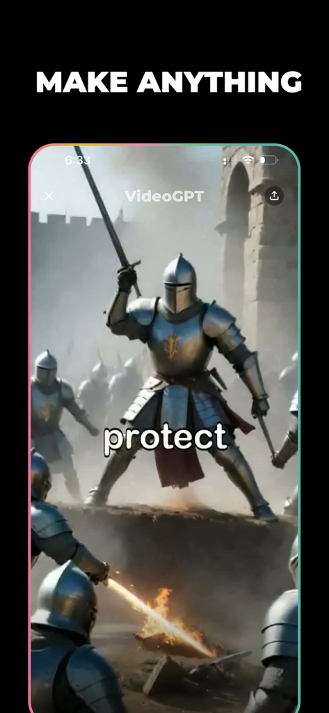 Interface of VideoGPT app showcasing a cinematic AI generated video of medieval knights with the prompt word protect.