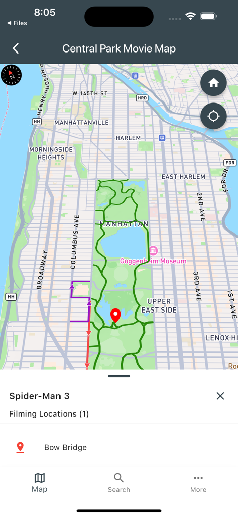 Central Park Movie Map - A map of Central Park highlighting the filming location for Spider-Man 3 at Bow Bridge