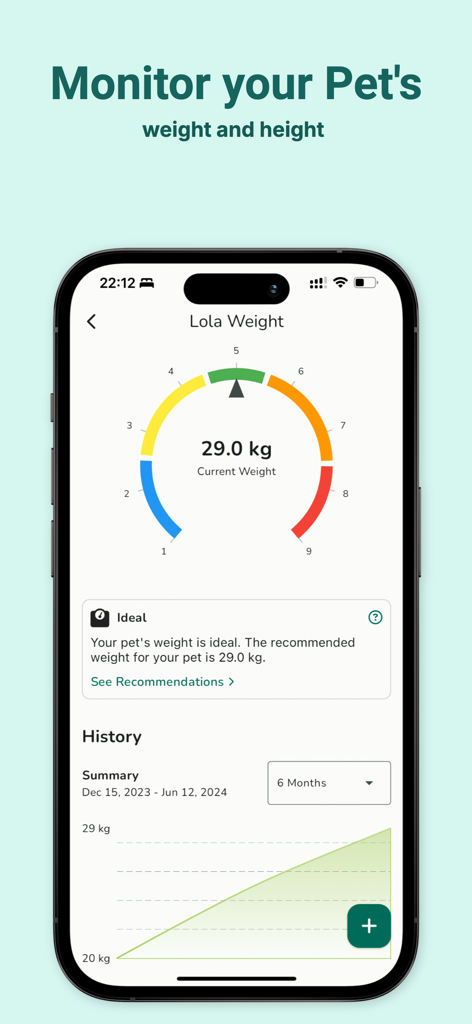 Furry Friend : Pet Care App - A mobile app screen showing pet weight and height monitoring with a Body Condition Score dial and historical growth chart