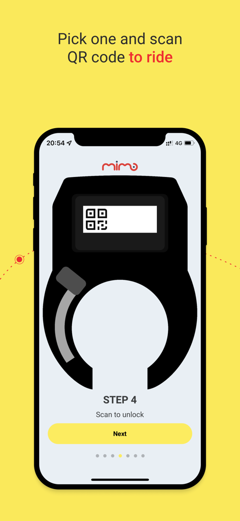 Una pantalla de smartphone que muestra el proceso de escaneo de un código QR para desbloquear una bicicleta o patinete en la aplicación Mimo.