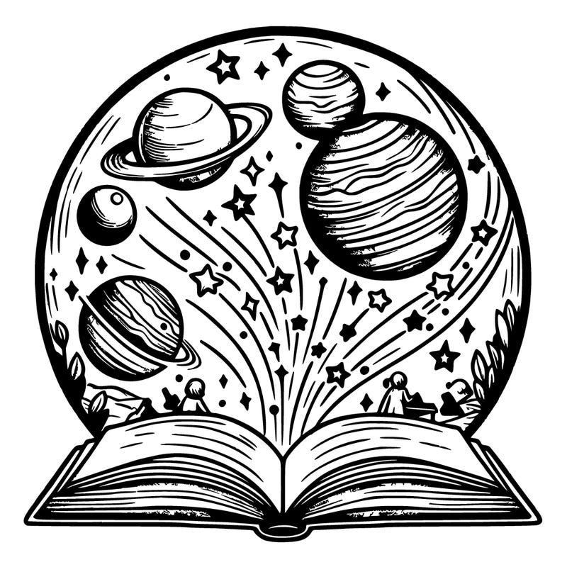 planets and stars flows out from the book, children drawing, clean, simple, uncomplicated, circle tatoo desing