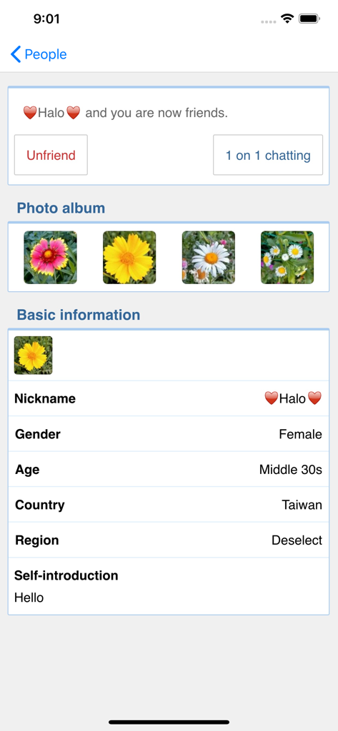 Friends Talk - Chat New People - User profile screen in Friends Talk app showing basic information and a photo album