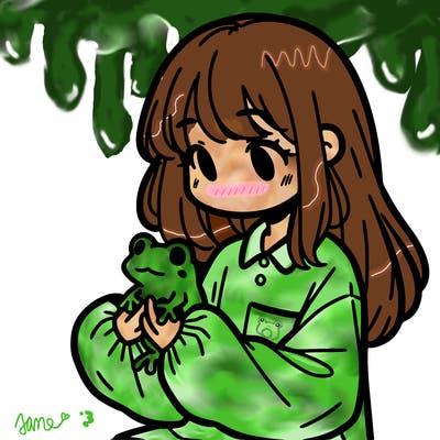 girl with long hair and a oversized shirt. and she is holding a frog