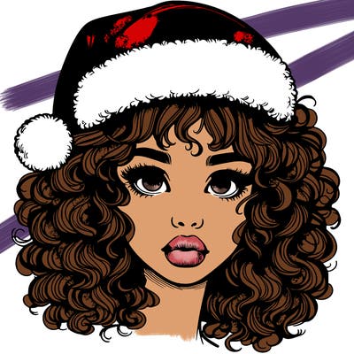 realistic girl with a santa hat curly hair and lips