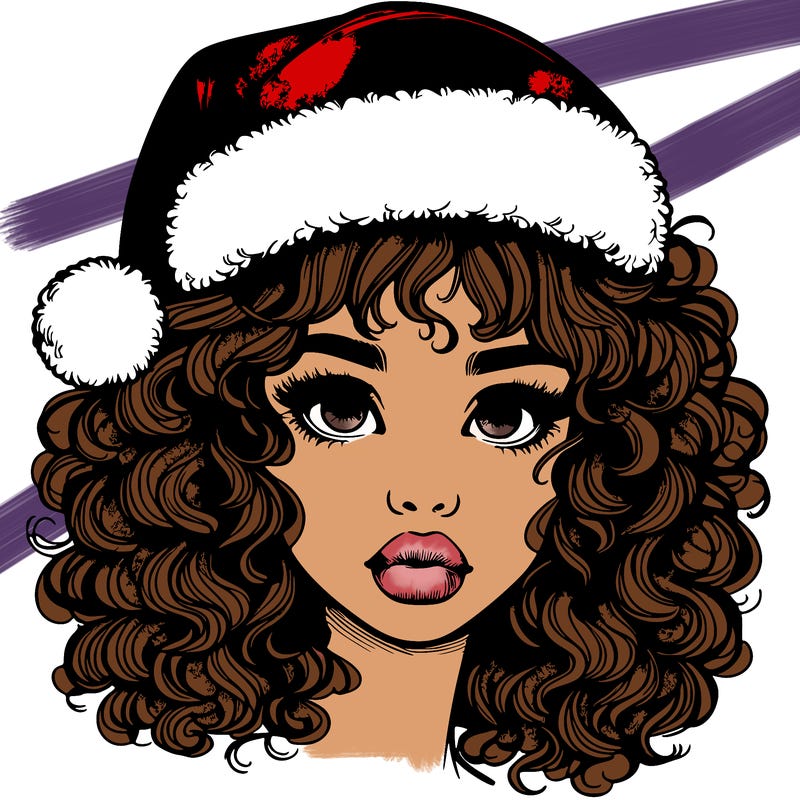 realistic girl with a santa hat curly hair and lips