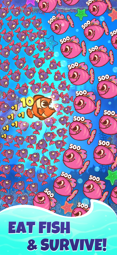 Fish Eat Fish: Go Feed to Grow - Um peixe laranja comendo peixes roxos menores numa vibrante cena subaquática 2D