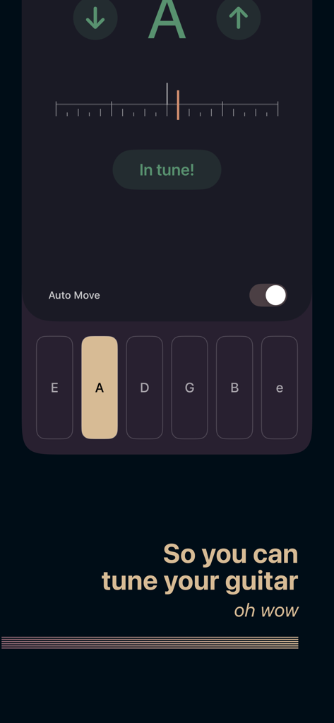 Tuner by Frido - Minimalist guitar tuner interface from the Tuner by Frido app showing a string in tune