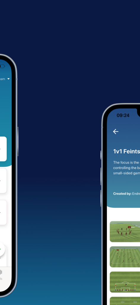 GPM - Sport - Mobile app interface of GPM Sport showing a soccer drill titled 1v1 feints with tactical diagrams