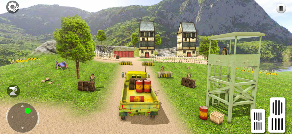 Yellow military cargo truck driving in an army base with a watchtower and soldiers