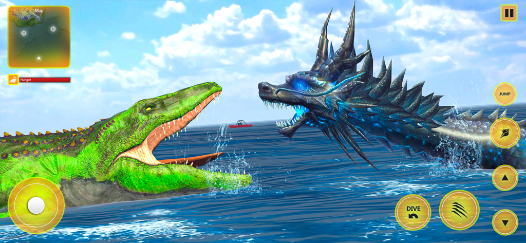 Uma criatura marinha pré-histórica verde e um dragão marinho azul espinhoso se enfrentam em mar aberto