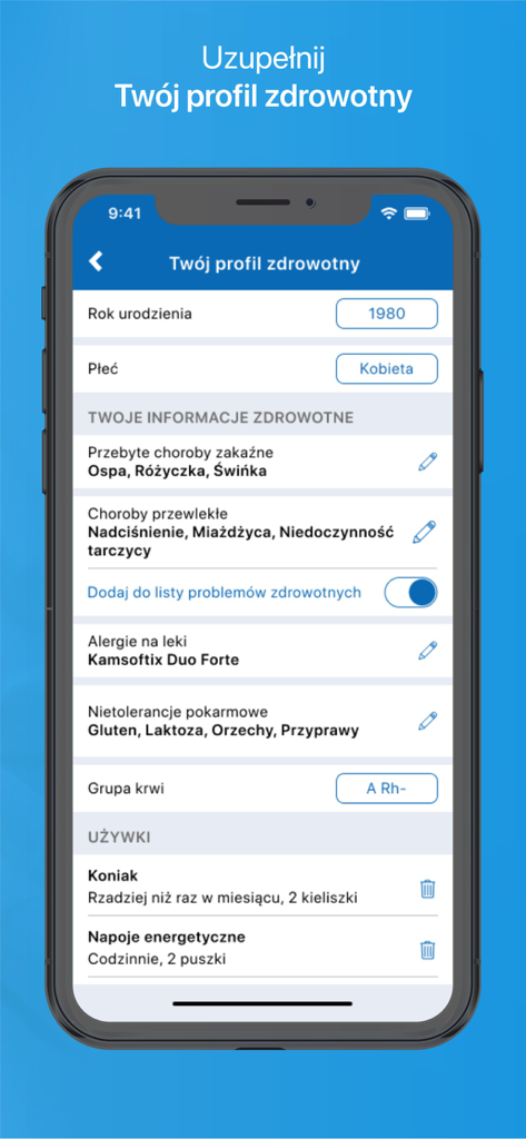 VisiMed - User health profile view in the VisiMed app showing medical history and lifestyle habits