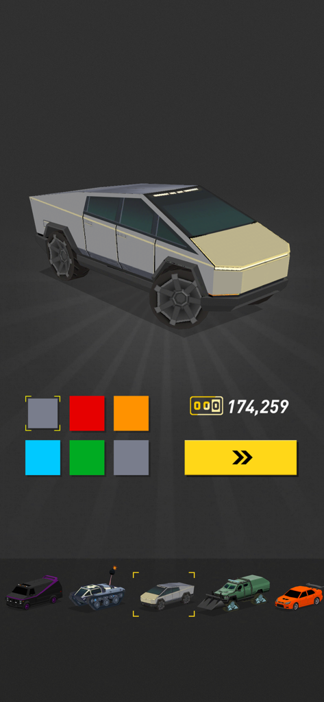 Thumb Drift - Furious Racing - Thumb Drift car selection menu featuring a low poly electric truck and color customization options