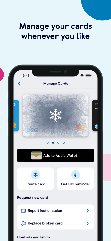 TSB mobile app interface for card management and security features