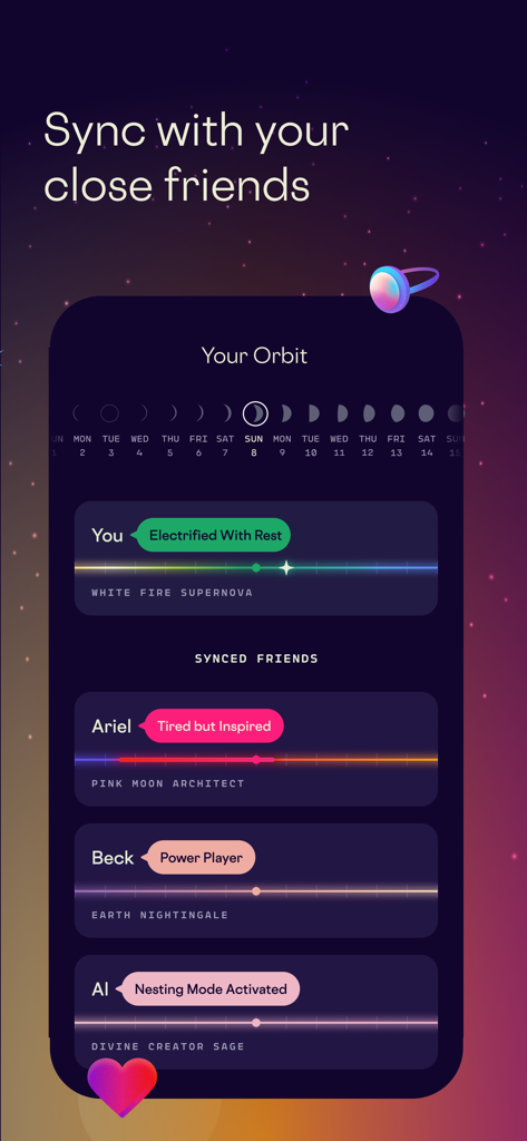 Stardust Period Tracker - Interfaz de la aplicación Stardust que muestra la función Tu Órbita, que permite a las usuarias sincronizar sus ciclos menstruales y estados de ánimo diarios con amigas.