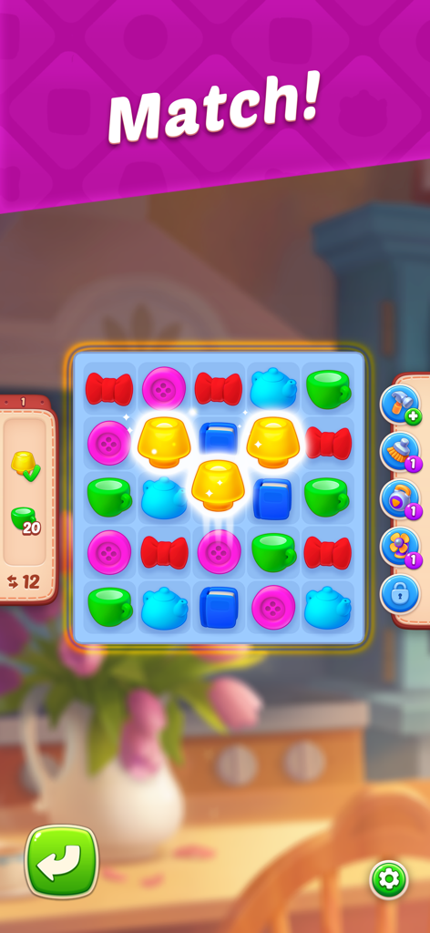 Ein 3-Gewinnt-Rätsel-Level in Homescapes mit bunten Haushaltsgegenständen und dem Wort Match