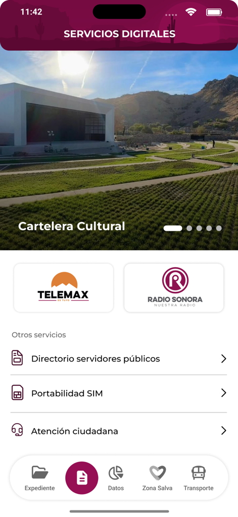 Sonora Digital - Main interface of the Sonora Digital mobile app showing government services and access to Telemax and Radio Sonora
