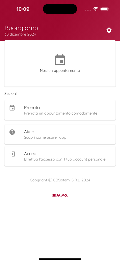 SEFAMO - Schermata principale dell'app medica SEFAMO che mostra le opzioni per prenotare appuntamenti e accedere.