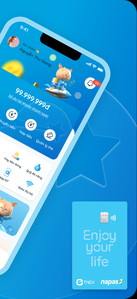 TNEX - Ngân hàng số thế hệ mới - TNEX 디지털 뱅킹 앱 대시보드, 잔액 및 파란색 나파스 직불 카드 표시
