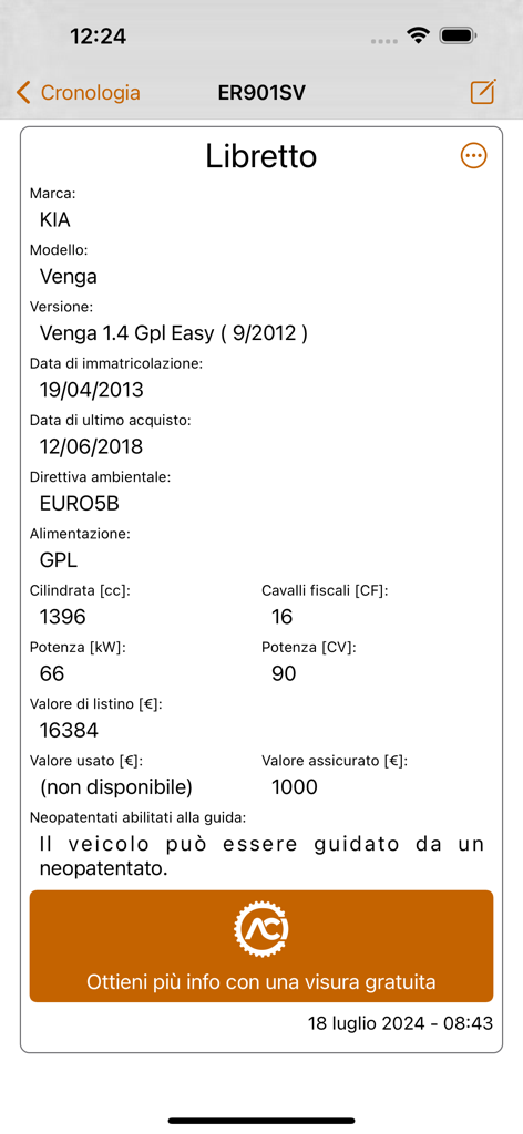 Scanner Veicoli - Scanner Veicoli app screen showing detailed vehicle technical specifications for a Kia Venga