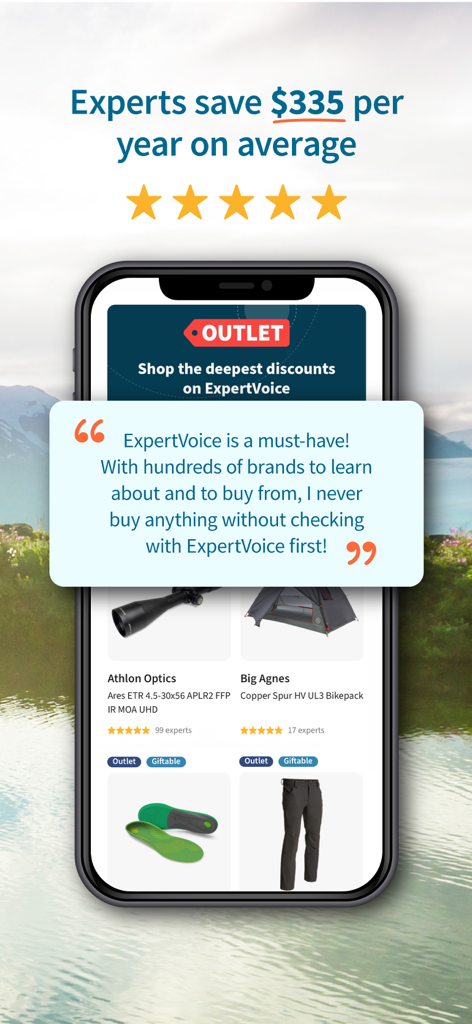 A mobile screenshot of the ExpertVoice app featuring an outlet sale banner, a user testimonial, and high-quality gear products.