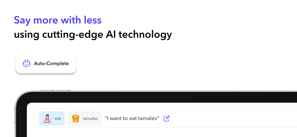 Flexspeak AAC - Flexspeak AAC app interface showing AI auto-complete technology turning simple word selections into full sentences
