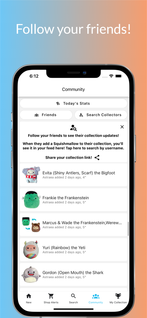 The community screen of SquadApp showing recent updates from followed collectors and their squishmallows