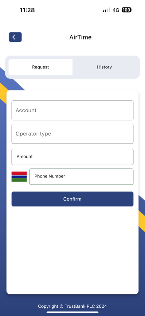 TrustBank PLC - TrustBank PLC mobile app screen for requesting AirTime top-ups showing a form with Gambian phone number input