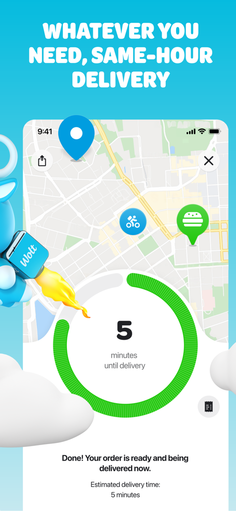 Capture d'écran de l'application Wolt affichant le suivi de livraison en temps réel sur une carte avec un compte à rebours de 5 minutes et la position du coursier.
