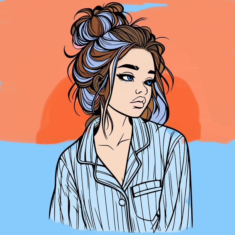 realistic woman with pajamas on and a messy bun