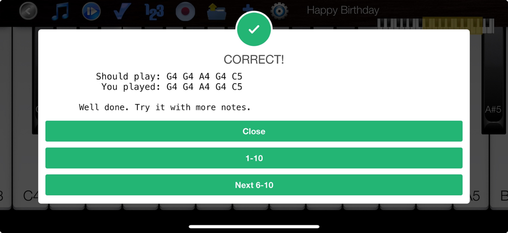 Tela de feedback correto no Piano Melody Pro mostrando uma sequência de notas bem-sucedida para Feliz Aniversário.