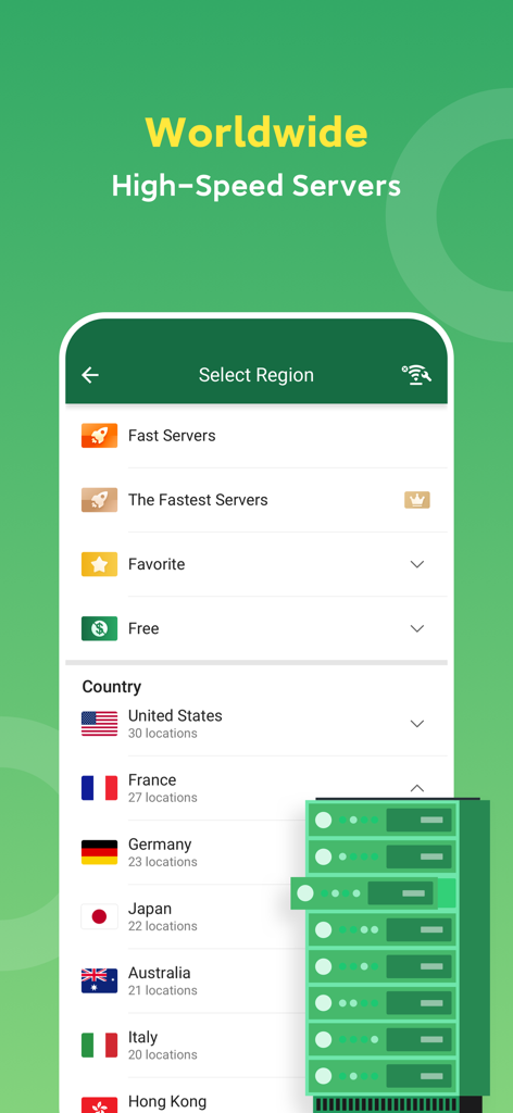 Cool VPN Pro-Secure Proxy VPN - Interface of Cool VPN Pro showing a list of worldwide high speed servers with flags for the United States, France, Germany, and Japan.