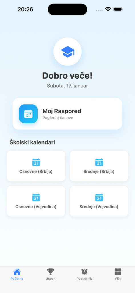 Malo Fali - uspeh - Dashboard inicial do aplicativo de sucesso para estudantes Malo Fali com calendários escolares e horários de aulas