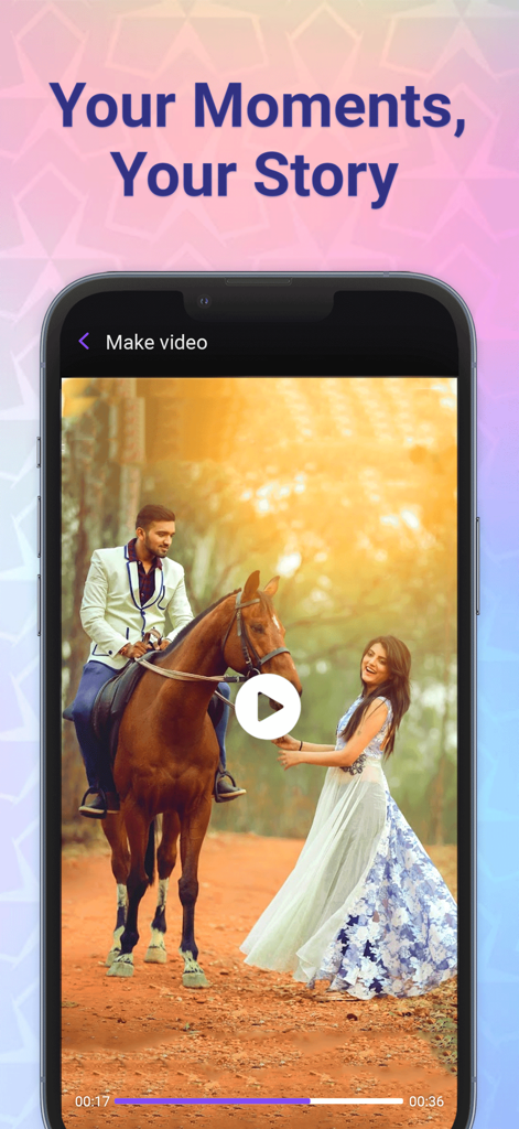 Screenshot von MX Video Player, der die Funktion "Video erstellen" mit einem Mann auf einem Pferd und einer Frau in einem Park zeigt