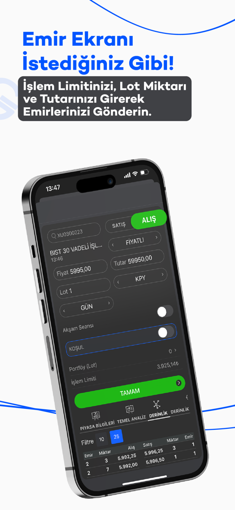Gedik Trader - Gedik Trader mobile app interface for entering stock and VIOP orders with market depth analysis.