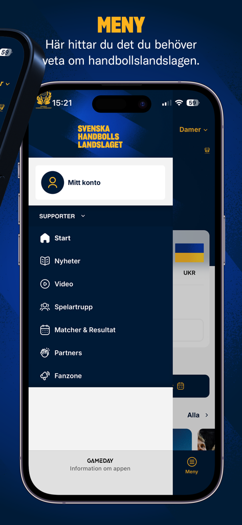 Svenska Handbollslandslaget - Sidebar navigation menu of the Swedish National Handball Team app displaying options for news, video, and match results.